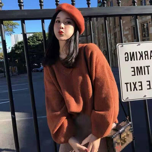 V-neck Sweater Women's Head Autumn and Winter Clothing New Loose Student Bottoming Sweater Shirt