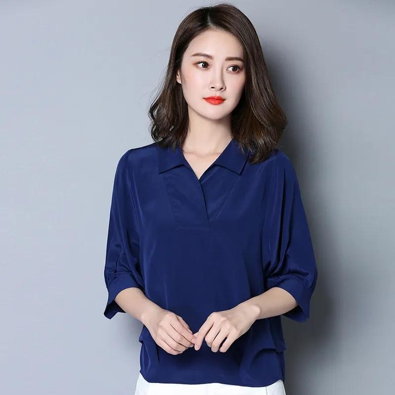 Summer Loose Large Size Simulated Silk Ladies Mid Sleeve Shirt Solid Color Bat Sleeve V-Neck Simple Blouse Casual All Match Pullover Shirts Blouses