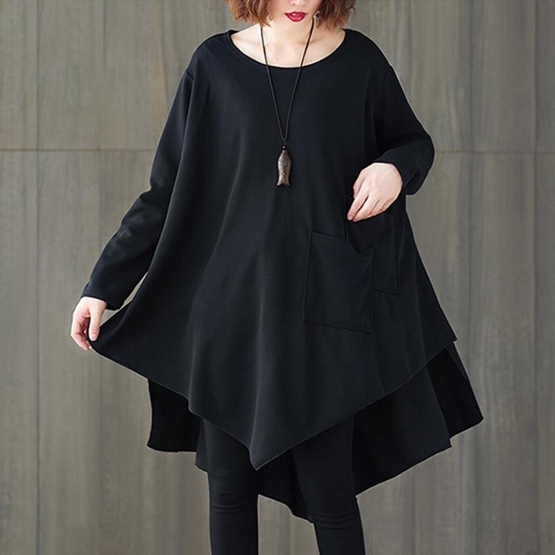 Large Size Women's Dress Loose Cover Belly Black Skirt Round Neck Pocket Jacket