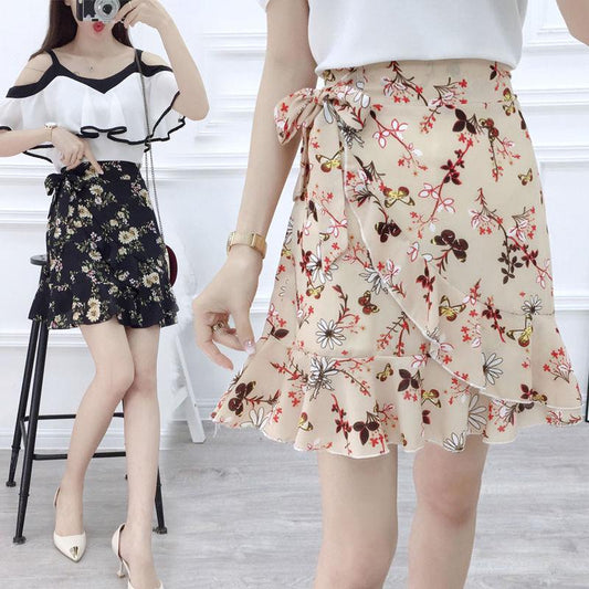 Bohemian Print Summer Skirts Womens Ruffle Floral Short Skirt High Waist Chiffon Beach Mini Skirt