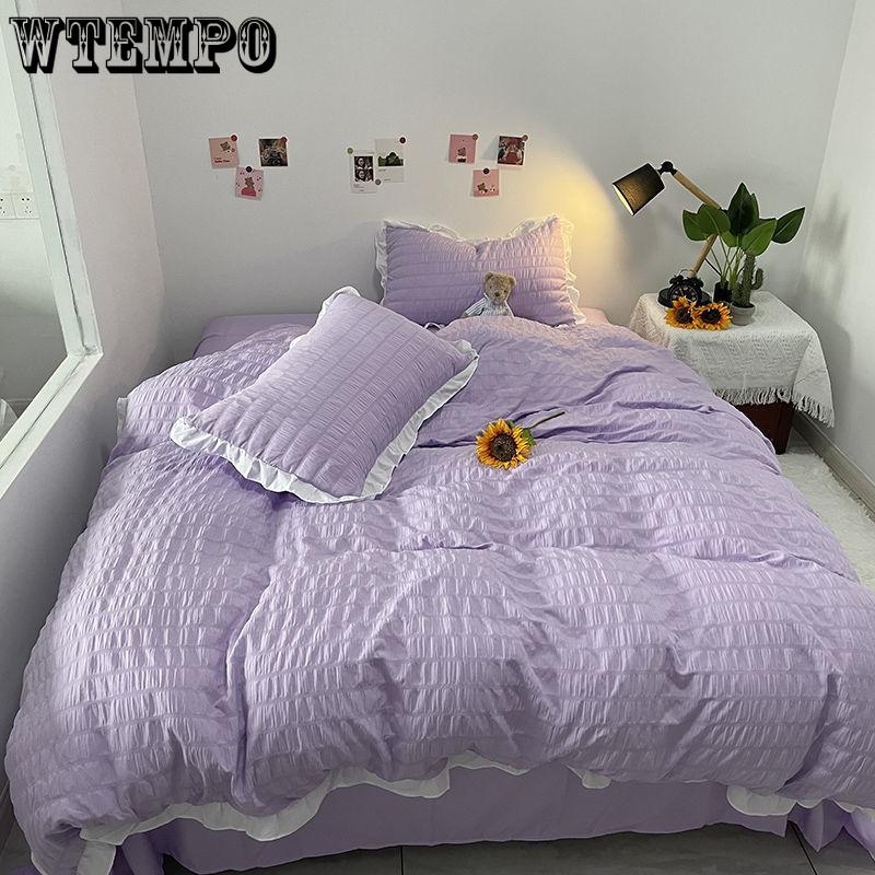 Princess Style Washed Cotton Seersucker Four-piece Solid Color Bedding Quilt Cover Sheet Four Seasons Universal