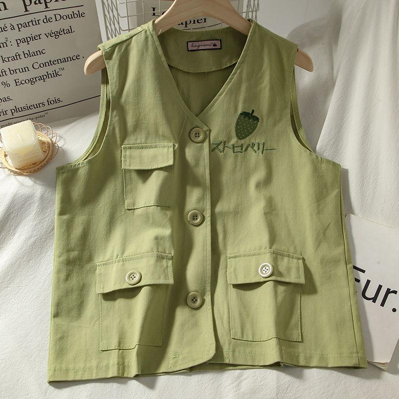 Strawberry Embroidery Women's Vest Coat Solid Color Sleeveless Spring and Summer Loose Casual Waistcoats