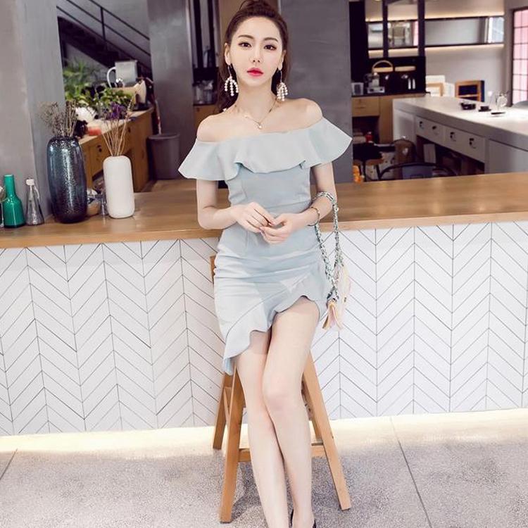 Strapless Women Short Dress 2020 Solid Summer Slash Neck Vestido Korean Ruffles Package Hip Dress