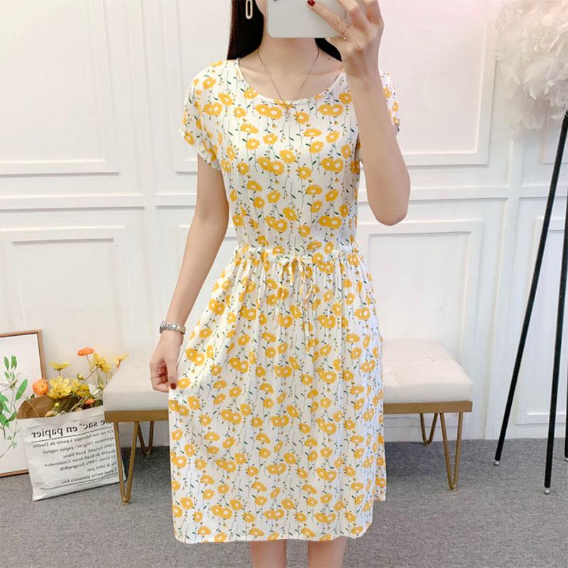 Mid Length Floral Cotton Silk Dress Small Waist Covering Belly Skirt