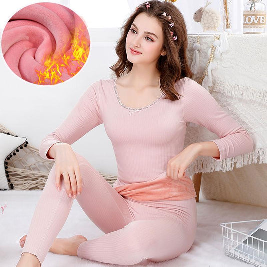 Winter Thermal Underwear Women Thickening and Velvet Tight-fitting Body Autumn Clothes Long-length Pants Suit Bottoming Cotton Sweater