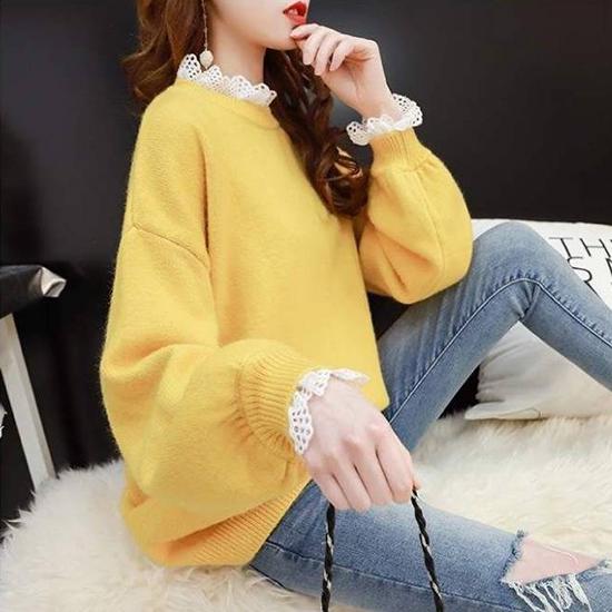 Pofulove Girly Lace Ruffles Neck Knitwear Skin-friendly High Elastic Women Jumper Sweater Top