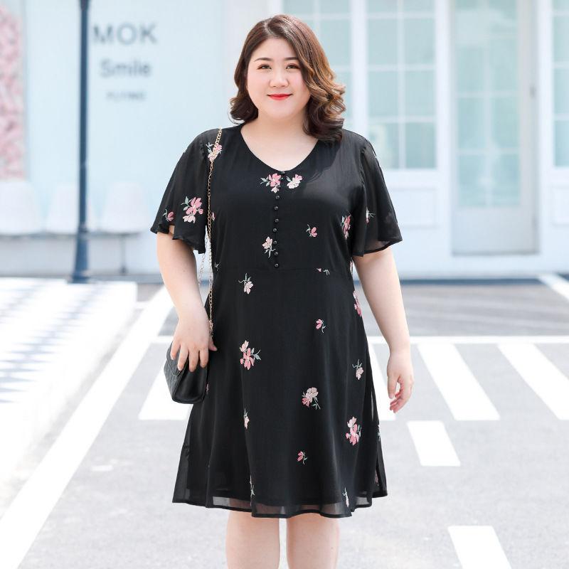 Large Size XL-XXXXXL Women's Summer Dress Chiffon Veil Short Sleeve V-Neck Floral Lightweight and Breathable