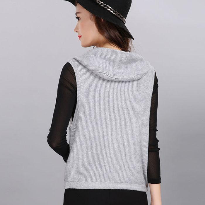 Spring and Autumn Thin Woolen Pure Color Vest Women's Hooded Short Fashion Jacket Wild Cardigan Sleeveless Knitted Sweater