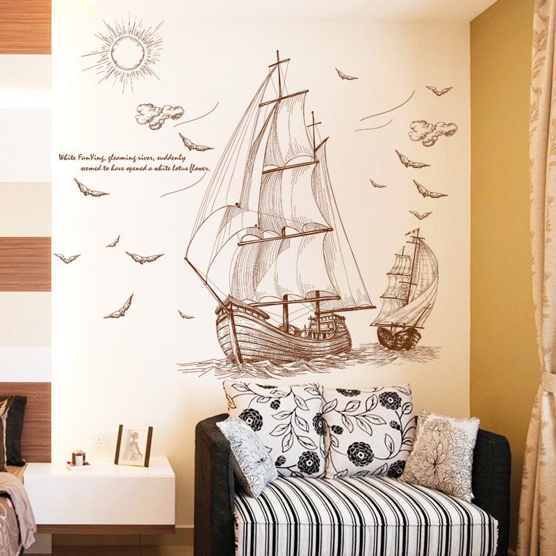 Sailing boat wall sticker 3d PVC transparent film removable wallpaper