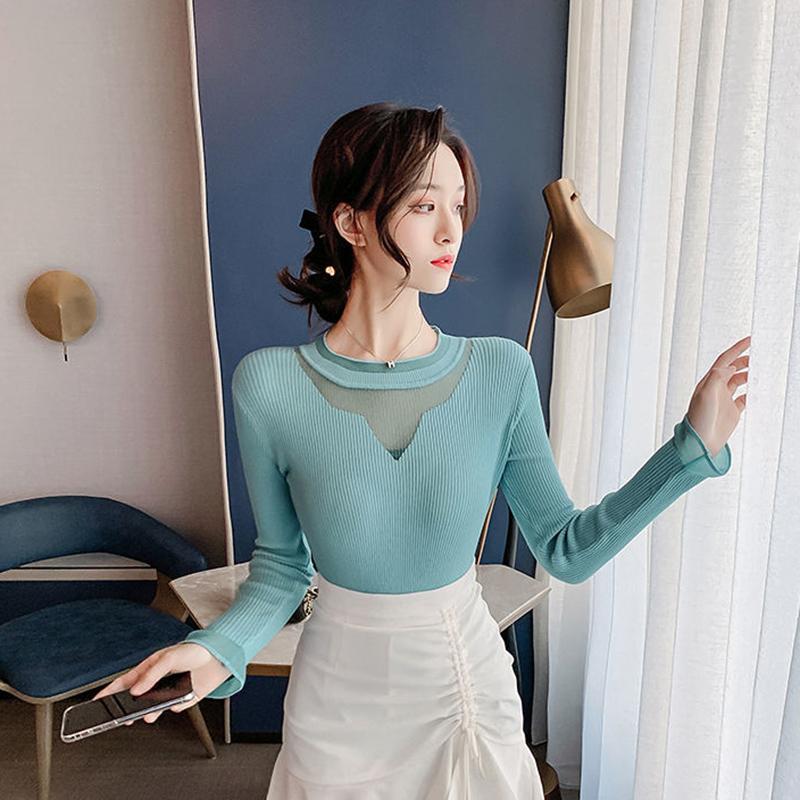 Sweater Women Autumn Winter Bottoming Shirt Women's Mesh Stitching Loose Long-sleeved Round Neck Korean Knit Sweater with Top