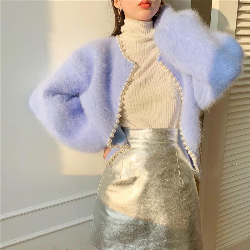 Women's Coat Cardigan Jacket Spring and Autumn Pearl Knitted Sweet Super Fairy Lantern Sleeve Imitation Mink Fleece Sweater