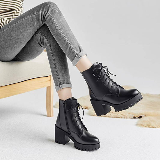 Autumn Winter Short Women Single Side Zipper High Heel Martin  Thick Heel Boots