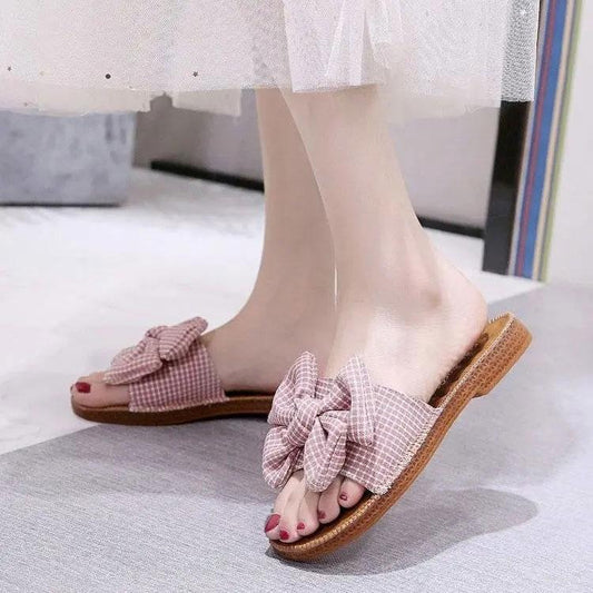 Women's Summer Outer Wear Slippers Beach Flat Bottom Beef Tendon Soft Bottom Pregnant Women Sandals Bow Flip-flops Bathroom Slippers