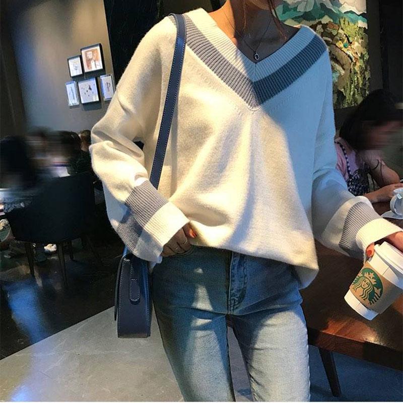 Winter Sweater Female Stripe V-neck Sweater Loose Lazy Wind Sweater College Wind Bottoming Shirt