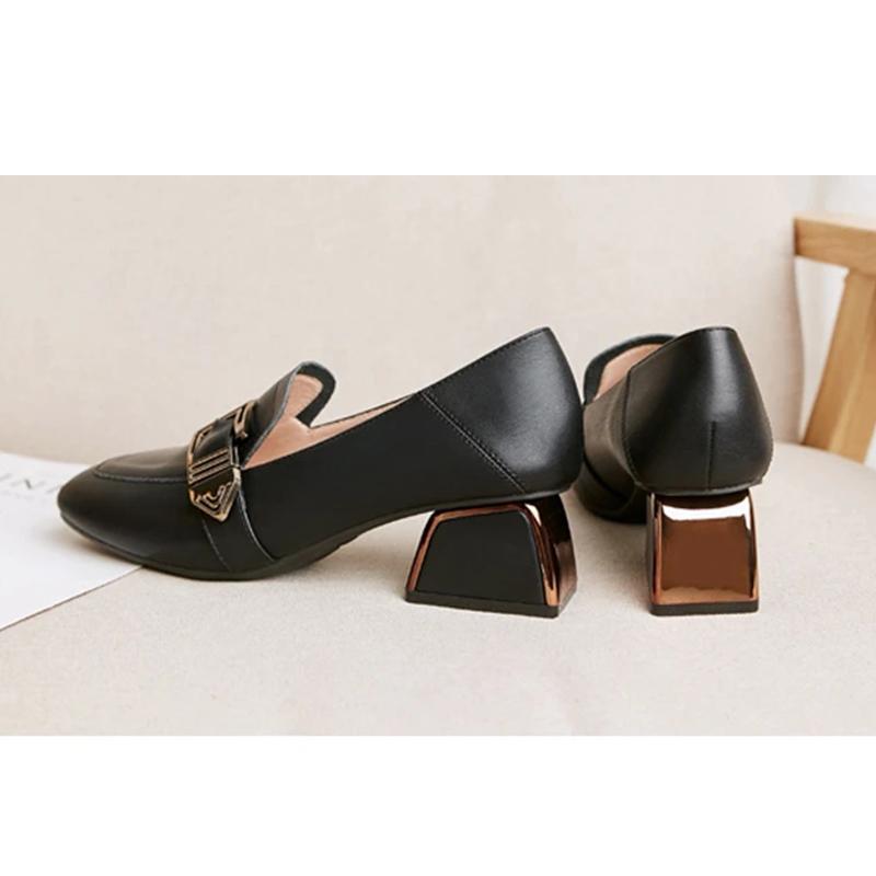 Women's Soft Surface Comfortable Square Toe Small Leather Shoes Real Cowhide Thick British Style Mid-heel Work Shoes Casual Shoes Single Shoes