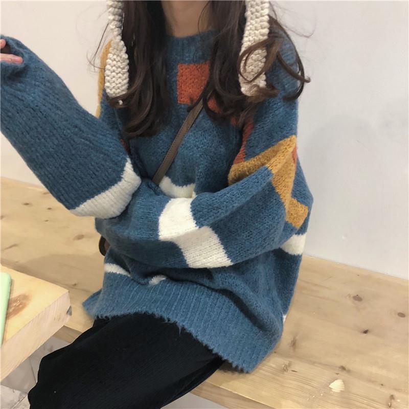 Autumn and Winter Loose Sweater Striped Pattern Knit Top Mid-length Casual Female Student Jacket
