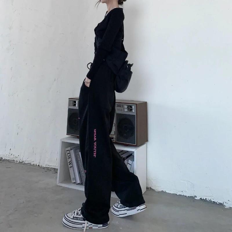 Winter and Autumn Korean Style Drawstring Leggings Trousers Women Loose Straight Wide-leg Sports and Leisure Trousers