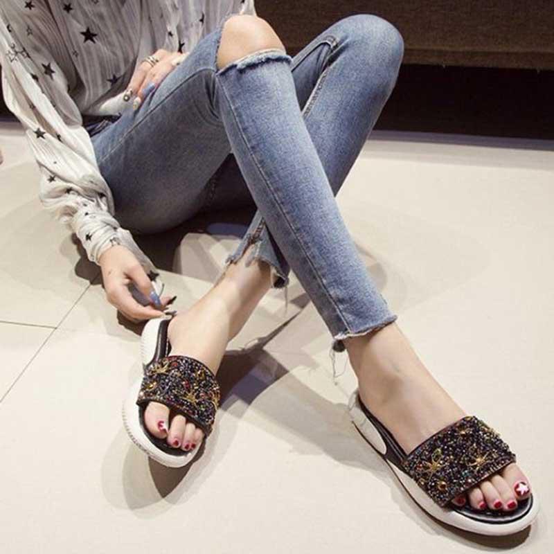 Size35-40 Summer Women Flat Slippers Bohemian Beach Wear-resistant Non-slip Slippers Wedge Platform Leopard Print Sandals Outdoor Crystal High Heels