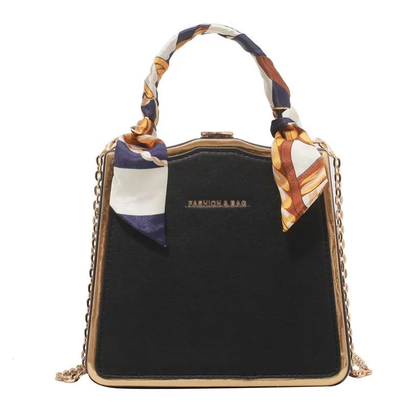Ladies Premium Solid Color Silk Scarf Handbag Exquisite Chain One Shoulder Crossbody Box Bag