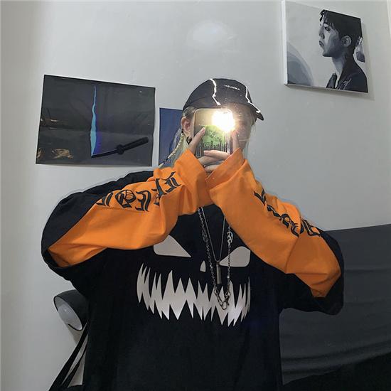 Dark Gothic Funny Pumpkin Fake Two Loose Long Sleeve T-shirts Modern Fashion Long Sleeve Clothing