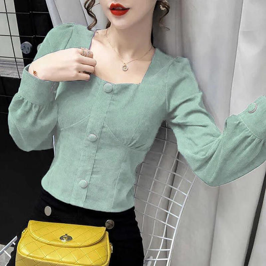 Women's Spring and Autumn Long Sleeve Square Collar Loose Solid Color Short Top