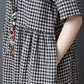 Cotton Literary Plaid Dress Women's Short-sleeved Summer Loose Large Size Was Thin Retro Mid-length Dress