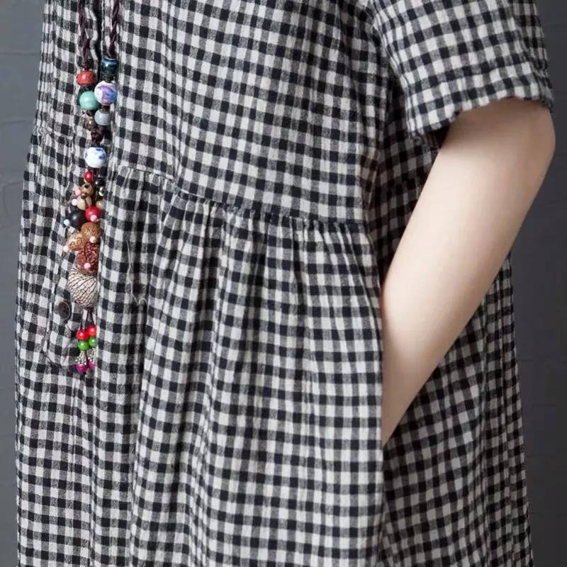 Cotton Literary Plaid Dress Women's Short-sleeved Summer Loose Large Size Was Thin Retro Mid-length Dress
