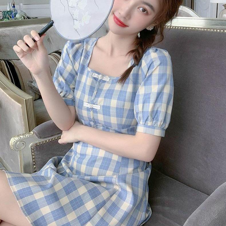 Waist Blue Plaid Dress Female Middle Length Retro Slim Square Neck Little Fresh High Waist Bubble Sleeve A-line Dress