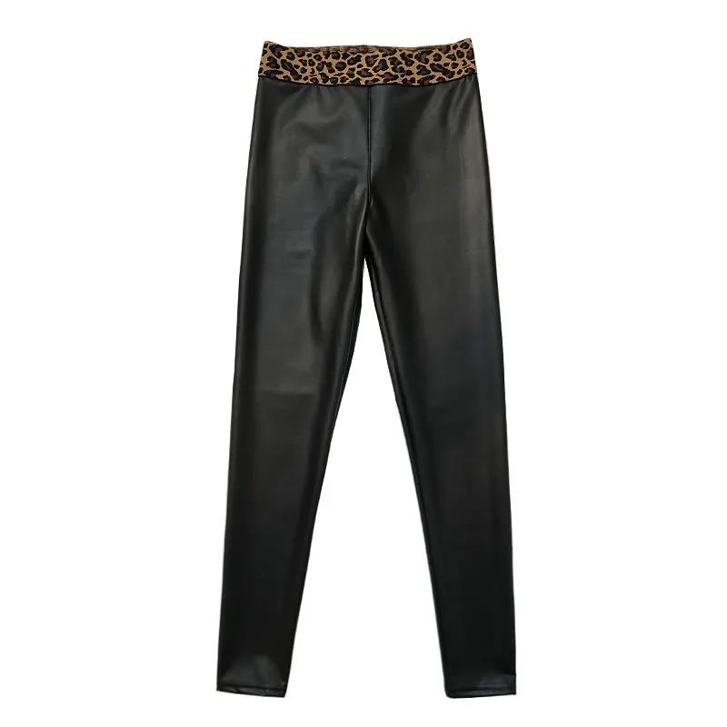 Autumn/winter Leather Pants Women's Outer Wear Thin Velvet Medium-thick Leopard Print Waist  Wide Waist Thinner Large Size Stretch Tights Leggings