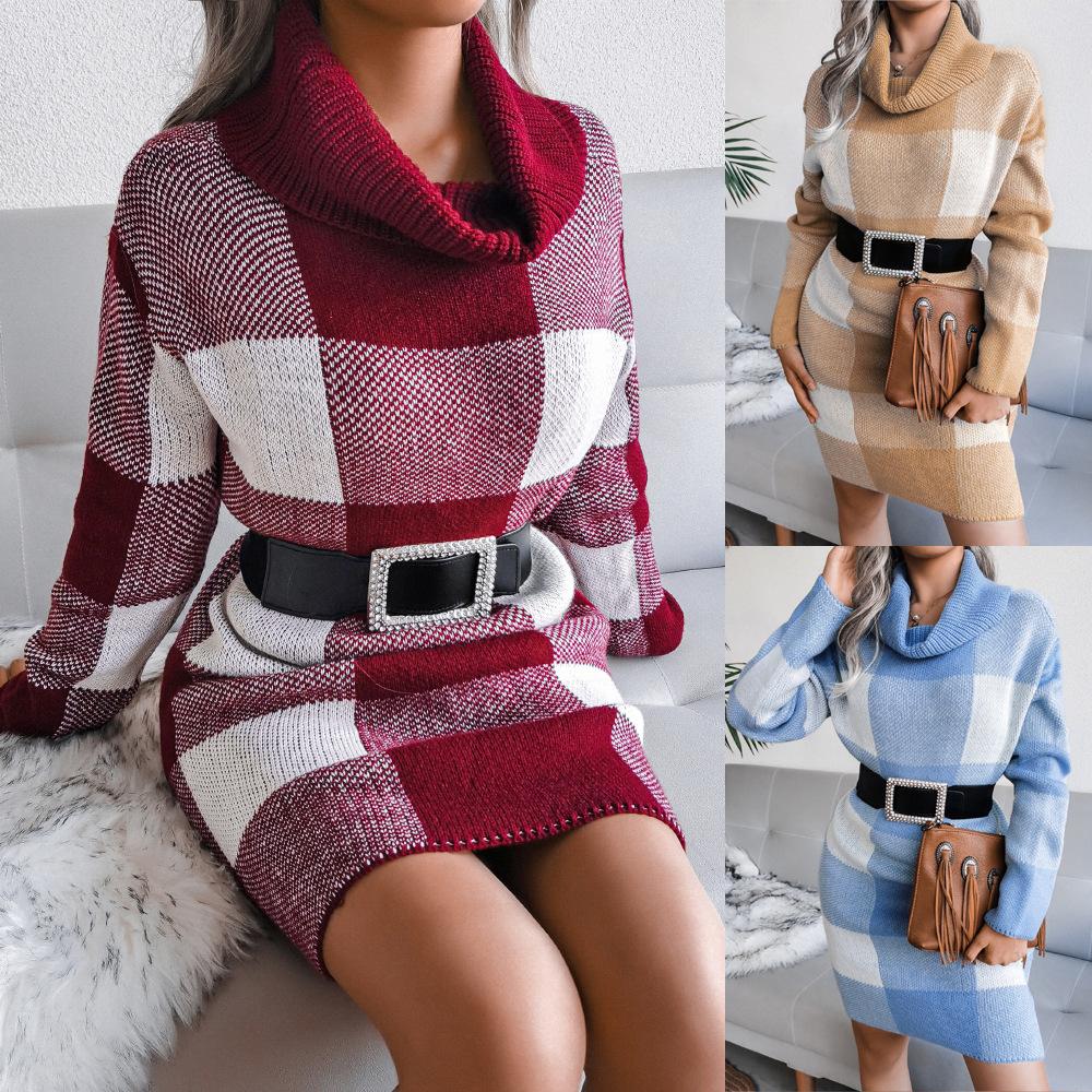 Sweater Women's Turtleneck Plaid Pullover Knitwear European and American Style Fluffy Casual Top Trendy Sweater Dress Jumper