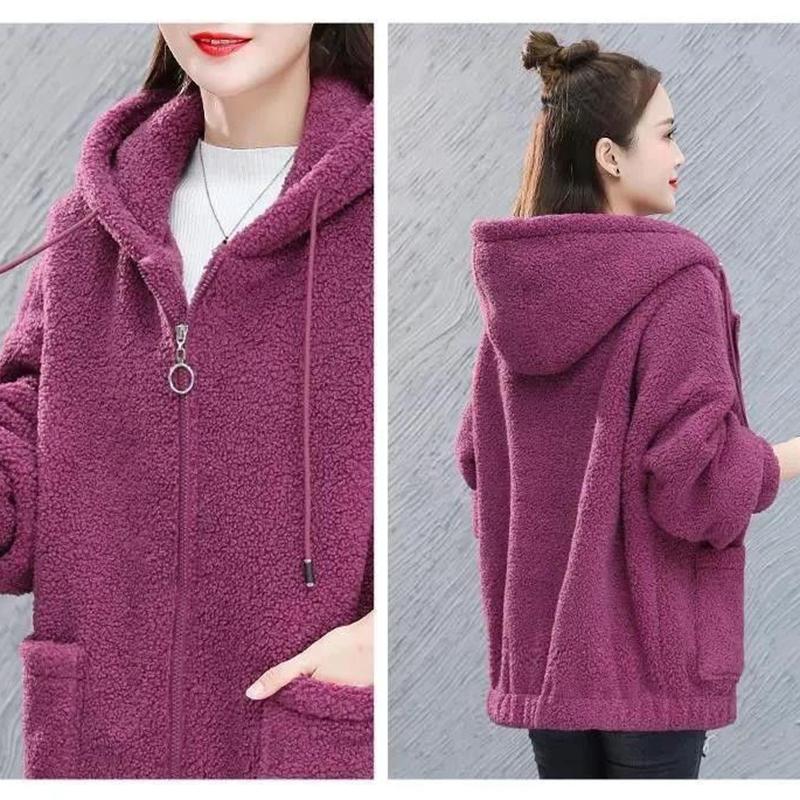 Autumn and Winter Hooded Zipper Cardigan Plus Velvet Thickening Imitation Lamb Velvet All-match Loose Warm Jacket Women