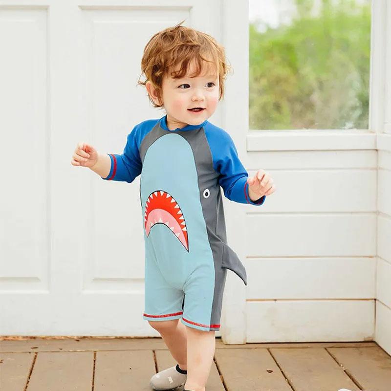 One-piece Shark Sunscreen Children's Swimsuit Cute Cartoon Toddler Baby 1-3 Years Old Long-sleeved Swimwear