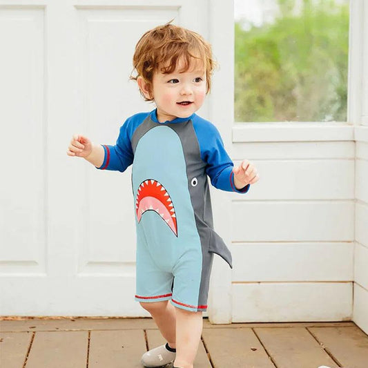 One-piece Shark Sunscreen Children's Swimsuit Cute Cartoon Toddler Baby 1-3 Years Old Long-sleeved Swimwear