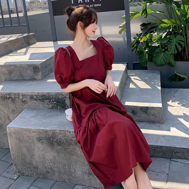 Female Simple Large Size Elegant Holiday Dress Summer High Waist Slim Vintage Gentle Solid Vacation Dress