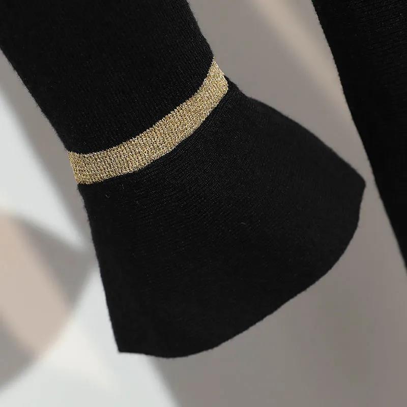 Black Round Neck Dress for Fall/winter 2021 Contrast Color Waist Knit A-line Dress Knitted Base Dress