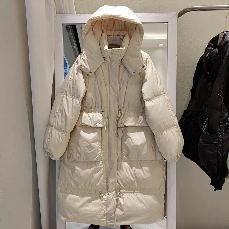 Women's Mid-length Down Jacket Over The Knee Korean Style Loose Thick Hooded Waist Waist Wild White Duck Down Jacket