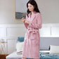 Women's Autumn Winter Coral Fleece Nightgown Mid-length Flannel Bathrobe Solid Color Striped Pocket Belted Dressing Gown Long Sleeves Thick Warm Robe
