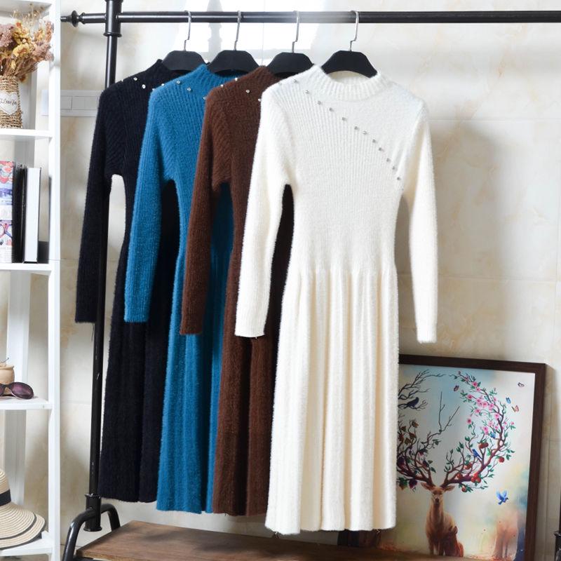 Casual Lady Black Knitted Bottoming Shirt Mink Sweater Long Sleeve O-Neck Pullover Winter Long Dress