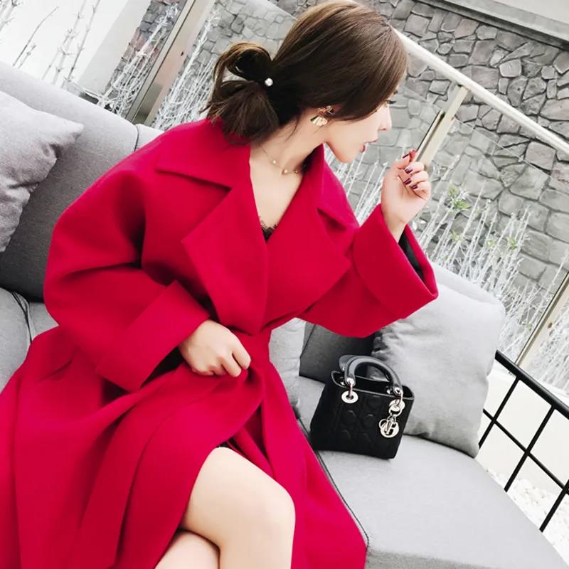 Autumn and Winter Woolen Coat Korean Style Slim Woolen Coat Women's Thick Plus Size Mid-length Over-the-knee Coat