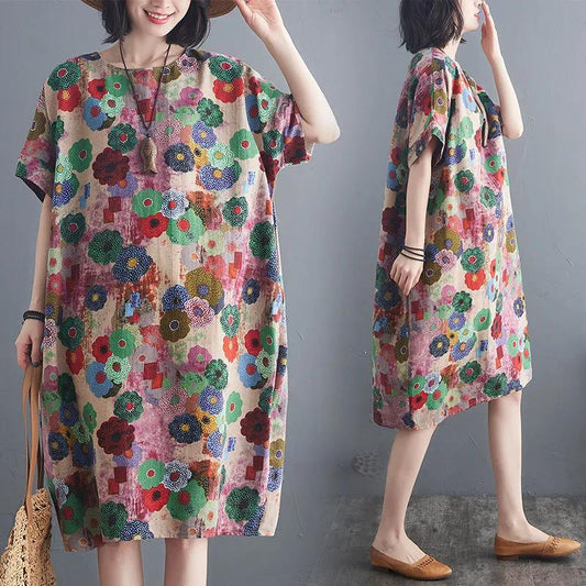 Flower Print Dress Women's Short-sleeved Round Neck Mid-length Floral Dress