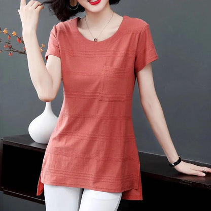 Women's Summer Cotton Short Sleeve Mid Length Round Neck Large Size Solid Color Loose T-Shirt