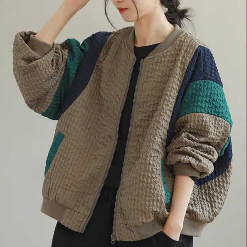 Loose Plus Size Jacket Women Stitching Contrast Color Plus Size Casual Long-sleeved Top Coat