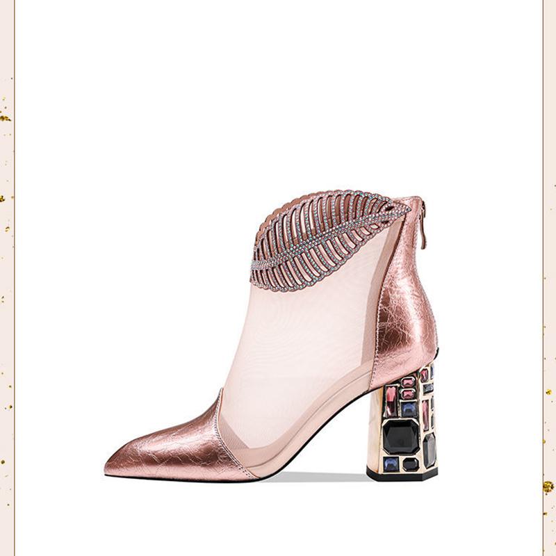Leather High-heeled Net Boots Women Spring and Summer Pointed Thick Heel Rhinestone Sandals Women's Breathable Mesh Sandals