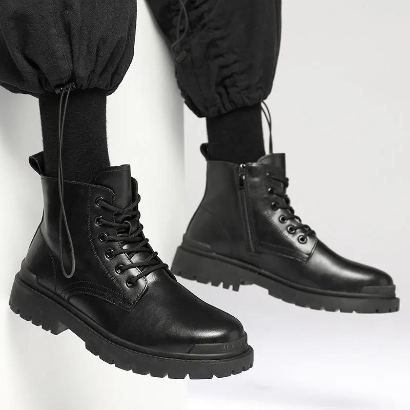 British Style Fashion Trend Martin Boots Men's High-top Shoes Korean Leather Boots All-match High School Boots for Students