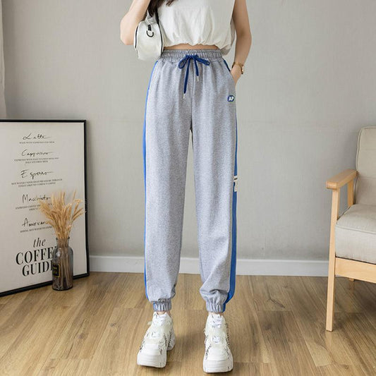Fashion Stitching Striped Sports Pants Women's Summer Elastic Waist Corset Harem Pants Casual Nine-point Guard Pants