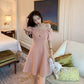 Female Vintage Simple One Line Collar Button Slim High Waist Short Sleeve A-line Elegant Party Dress