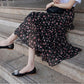 A-line Skirt Floral High Waist Thin Irregular Ruffle Big Wave Chiffon Midi Skirt Elastic Waist Mid-length Skirt