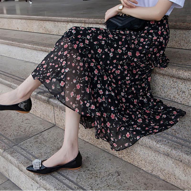A-line Skirt Floral High Waist Thin Irregular Ruffle Big Wave Chiffon Midi Skirt Elastic Waist Mid-length Skirt