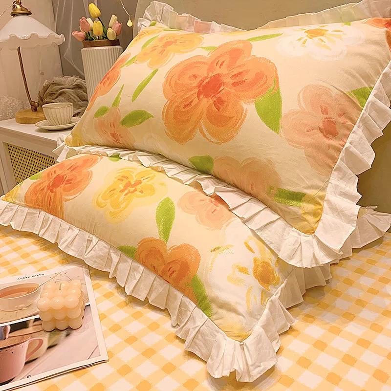 Princess Style Print Pillowcase Korean Style Fashion Lace Soft Pillow Core Cover A Pair of Cotton Pillowcases for Adults