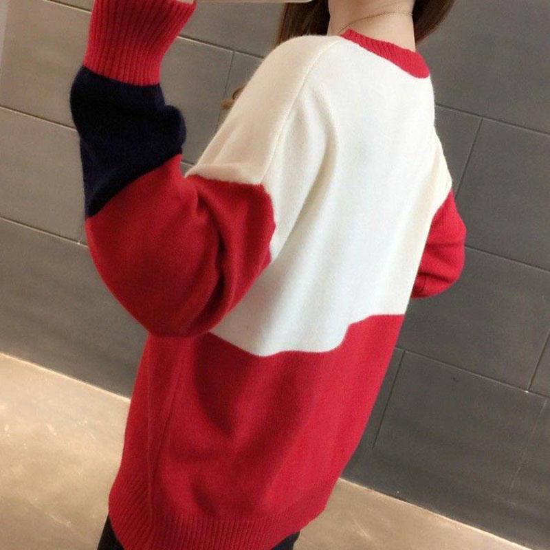 Pofulove Women's Color Block Knit Crew Neck Sweater Loose Drop Shoulder Long Sleeves Pullover Top